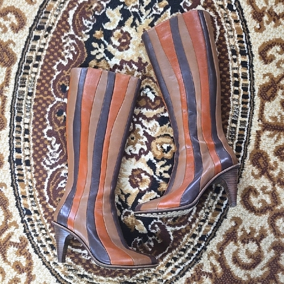 Vintage Shoes - Vintage 90s does 70s Tsubo Boots Groovy Leather Patchwork Stripes Retro Velvet